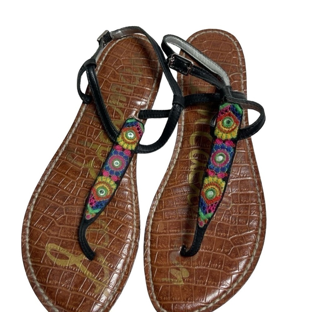 Sam Edelman Gigi leather multi color embroidery black T Strap‎ thong sandals 7.5